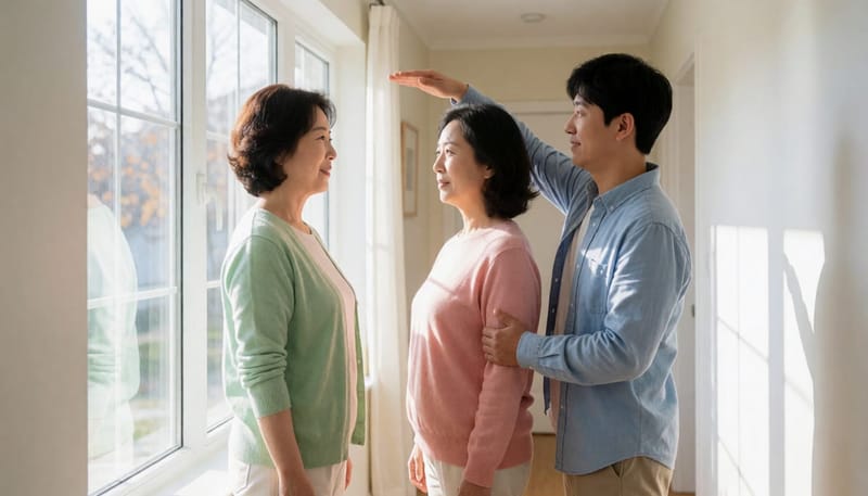 동생과 등을 맞대고 키를 비교해보는 여성