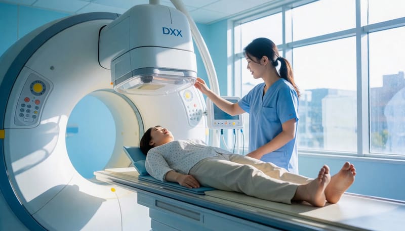 DXA 골밀도 검사기 위에 누워 검사를 받는 환자