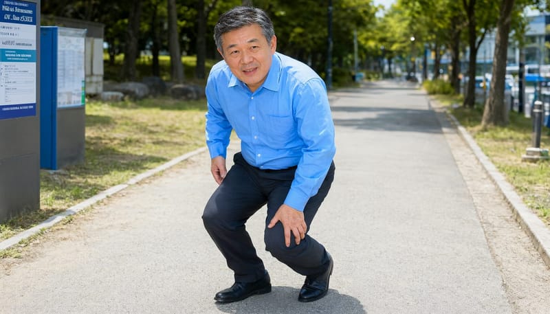 걸을 때 다리가 벌어지고 무릎 통증을 느끼는 남성의 걸음걸이