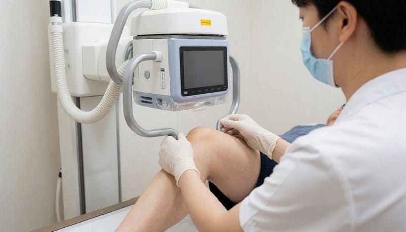 치료 방향을 결정하기 위해 무릎을 X-ray로 검사하는 장면