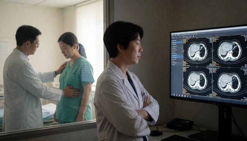영상검사로 CT를 판독하는 모습과 촉진하는 진료 장면의 대비