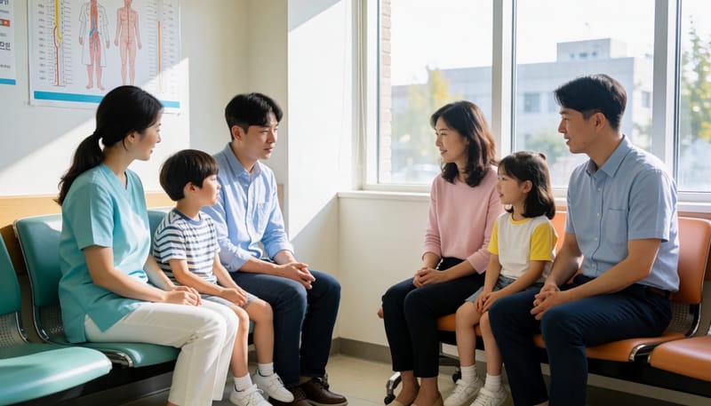 성조숙증으로 병원을 찾은 남자아이와 여자아이가 함께 있는 대기실 풍경
