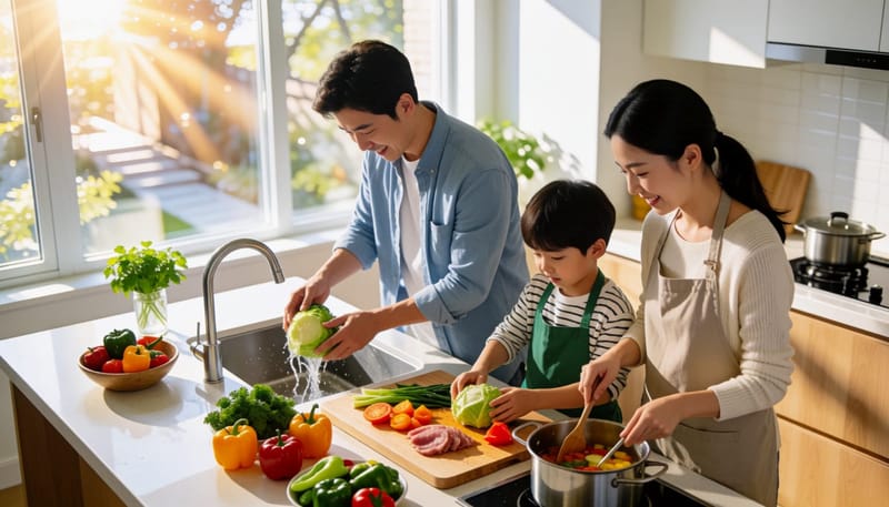 저녁 식사를 함께 준비하는 가족의 모습, 생활 속 식습관 관리 장면