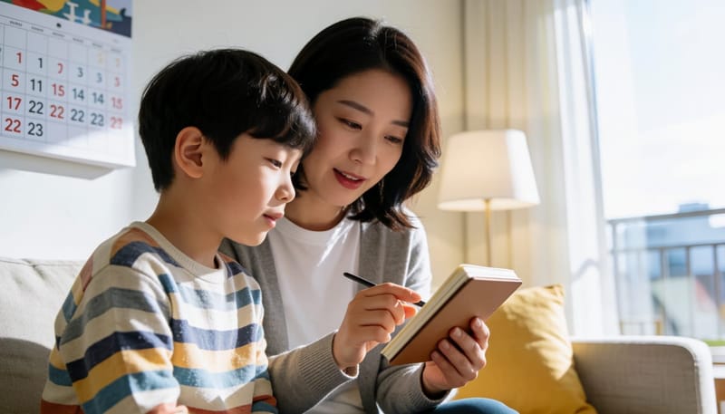 성장 기록 수첩을 함께 살펴보며 병원 검사 여부를 고민하는 어머니와 아들