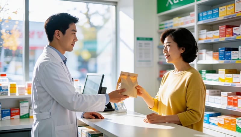 약사가 손님에게 혈압약을 건네며 상담하는 모습