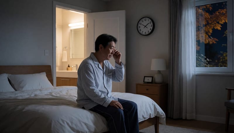 새벽에 잠에서 깨어 화장실로 향하려는 중년 남성의 모습