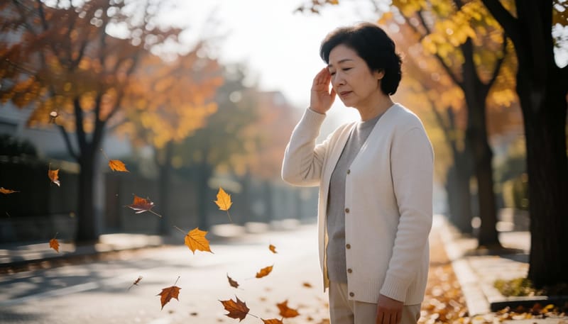 환절기 거리에서 어지러움을 느끼며 관자놀이를 짚은 중년 여성