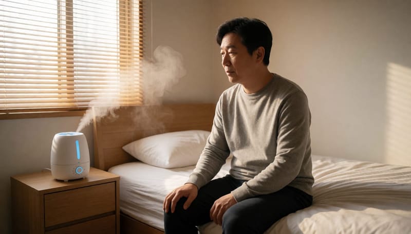 건조한 침실에서 고개를 갸우뚱하며 어지럼을 느끼는 남성과 가습기