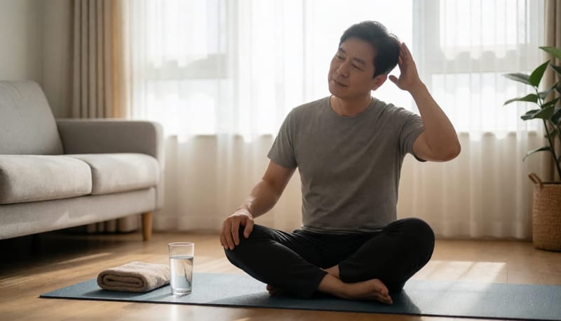 거실에서 어지럼 자가관리 운동을 단계별로 따라 하는 남성