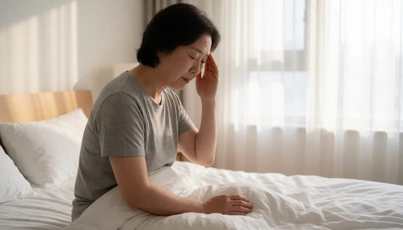 아침에 몸을 일으키다 어지럼을 느끼는 여성