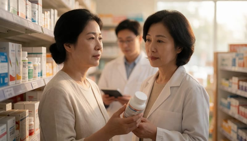 약국에서 영양제를 고민하며 살펴보는 여성