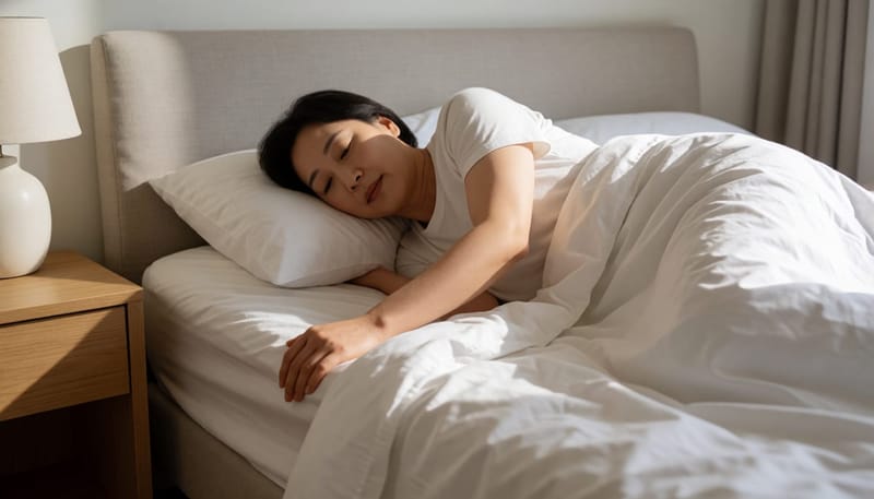 침대에서 돌아눕다가 어지러움을 느끼는 여성