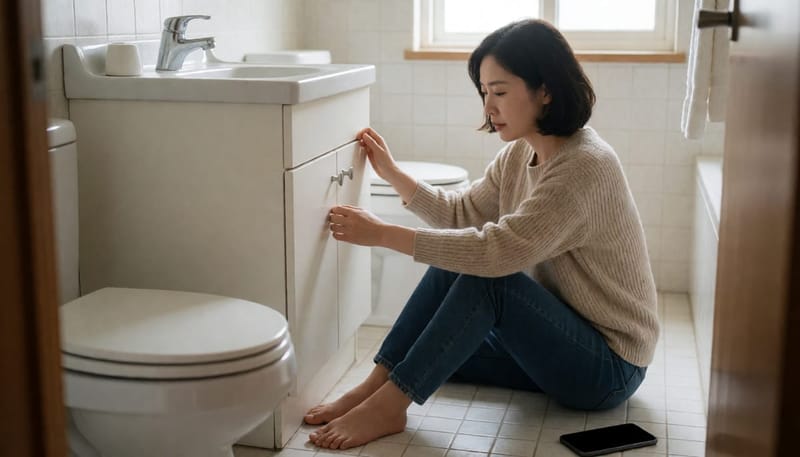 집에서 어지럼증 신호를 느끼며 세면대를 짚는 여성