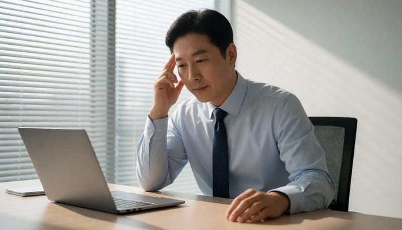 업무 중 어지럼증으로 잠시 멈춘 직장인 남성