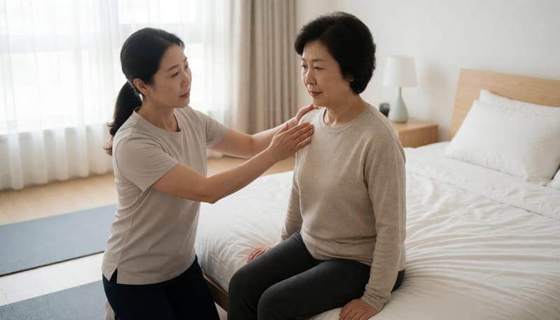 물리치료사의 도움으로 이석증 완화 운동을 하는 여성