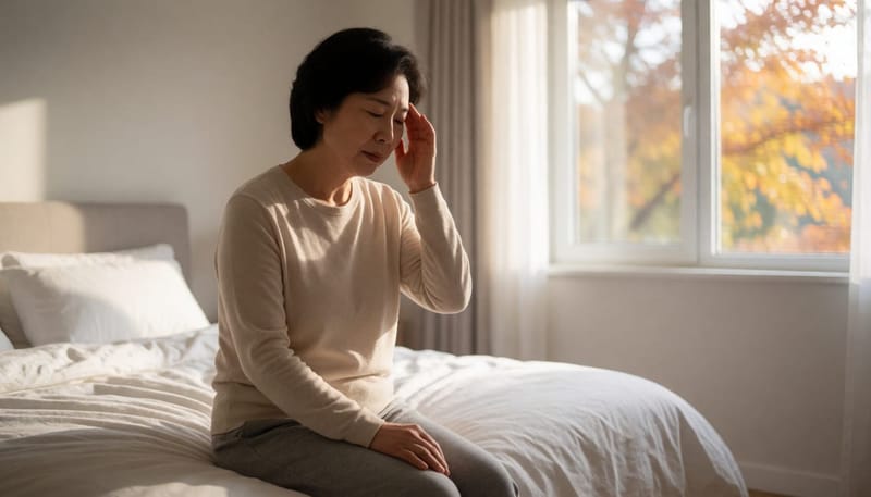 환절기 아침 침대에서 어지럼을 느끼며 관자놀이를 짚는 중년 여성