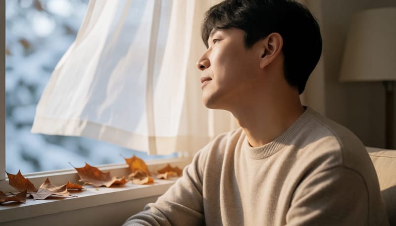 창가에서 찬 바람을 맞으며 고개를 기울인 남성의 옆모습, 실내외 온도차를 표현