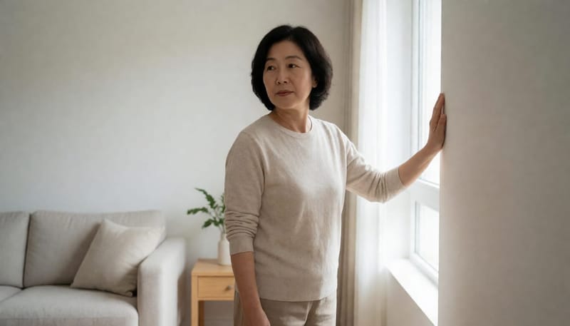 거실에서 천천히 고개를 돌리며 균형을 확인하는 여성