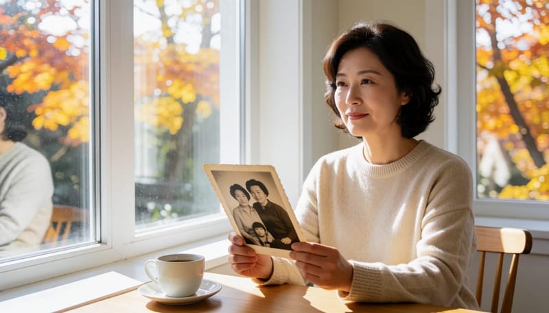 창가에서 어머니의 옛 사진을 바라보며 생각에 잠긴 여성