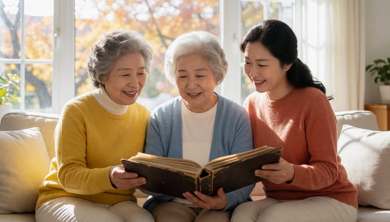 가족 앨범을 함께 보는 삼대 여성들의 모습