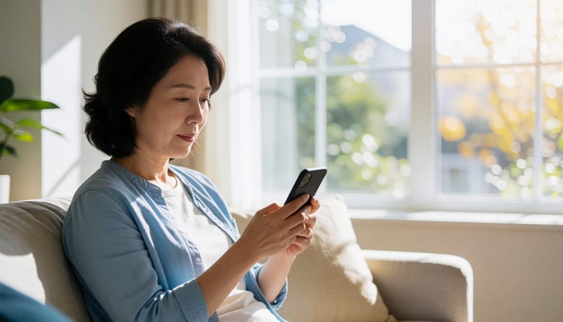 소파에 앉아 휴대폰 문자를 보며 생각에 잠긴 40대 여성