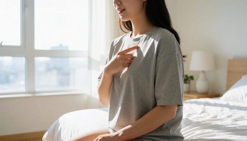 20대 여성이 침대에 앉아 가슴 부위를 손으로 만져보며 확인하는 모습