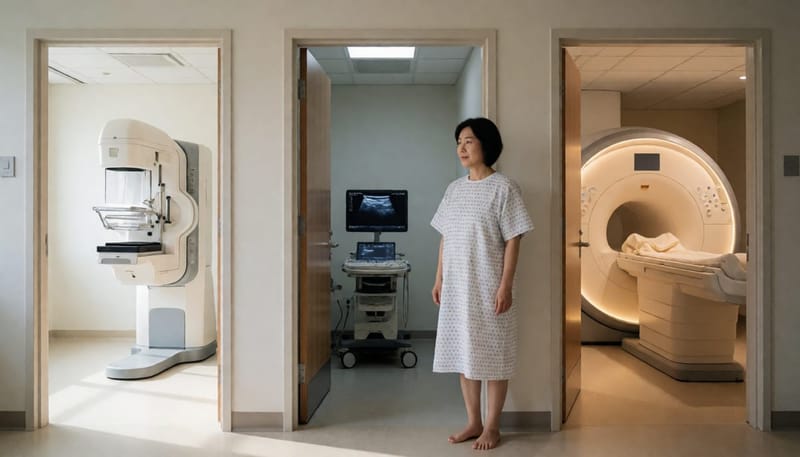 유방촬영술, 초음파, MRI 검사실이 나란히 보이는 병원 복도