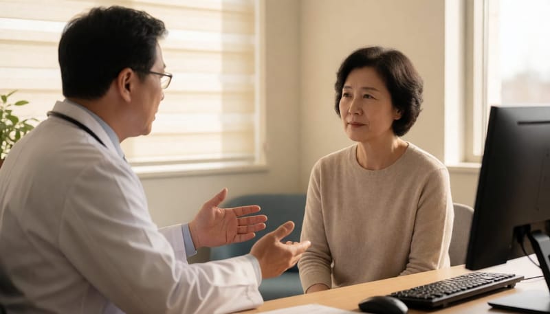 의사와 상담하며 진료 시기를 논의하는 중년 여성