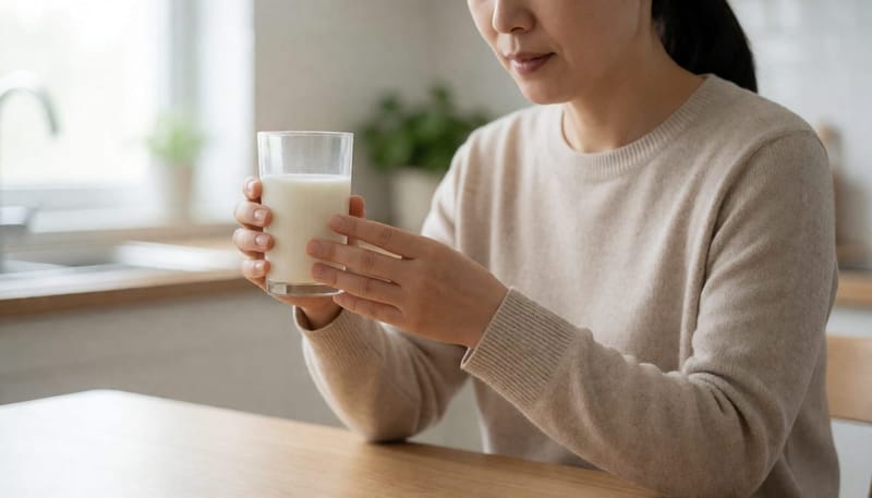 칼슘이 부족한가 생각하며 우유잔을 들고 손톱을 살펴보는 여성