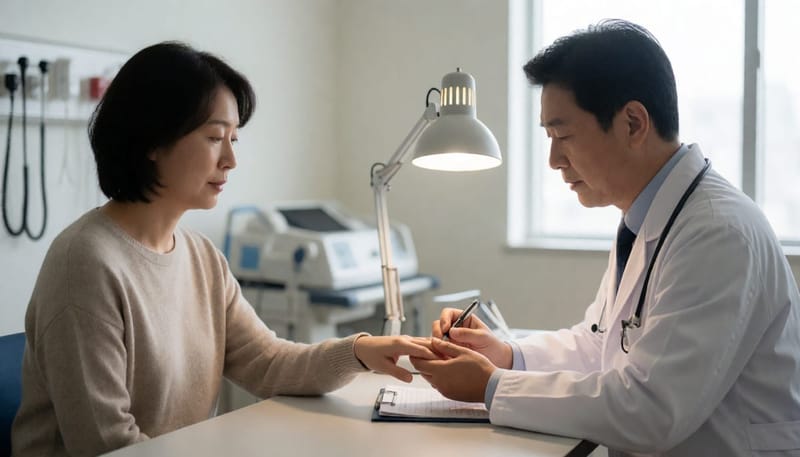 진료실에서 의사가 손톱 상태를 진찰하는 여성의 모습