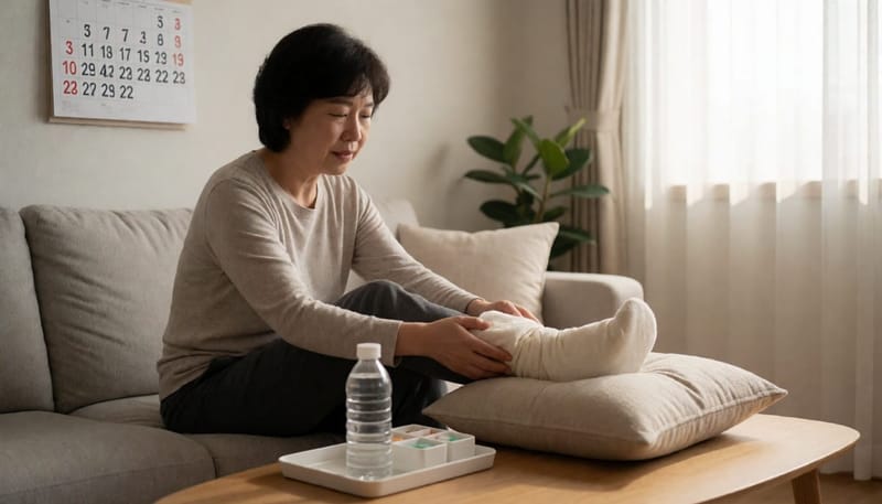 회복 초기 다리를 올리고 냉찜질하는 여성의 모습