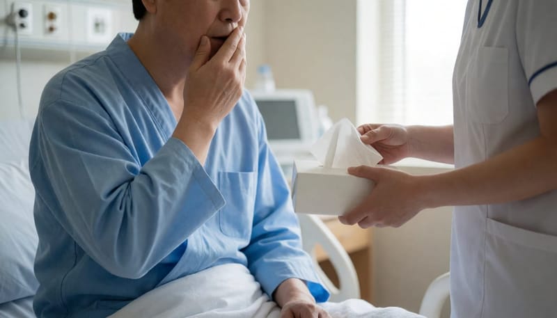 검사 후 기침과 이물감을 느끼는 환자의 모습