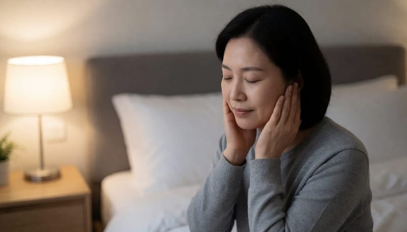 침대에 걸터앉아 두 손으로 턱을 감싸며 이완하는 여성