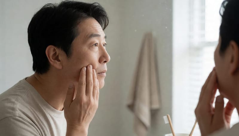 남성이 거울 앞에서 손으로 턱과 관자놀이 부위를 만지고 있다