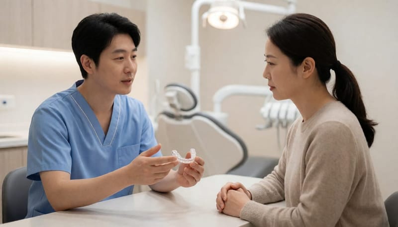 치과의사가 환자에게 마우스가드를 보여주며 상담하고 있다