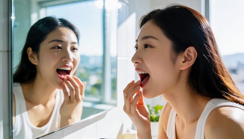 거울 앞에서 치아 상태를 살피는 여성의 옆모습