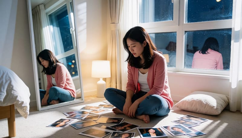 밤에 방 안에서 거울을 바라보며 생각에 잠긴 여성