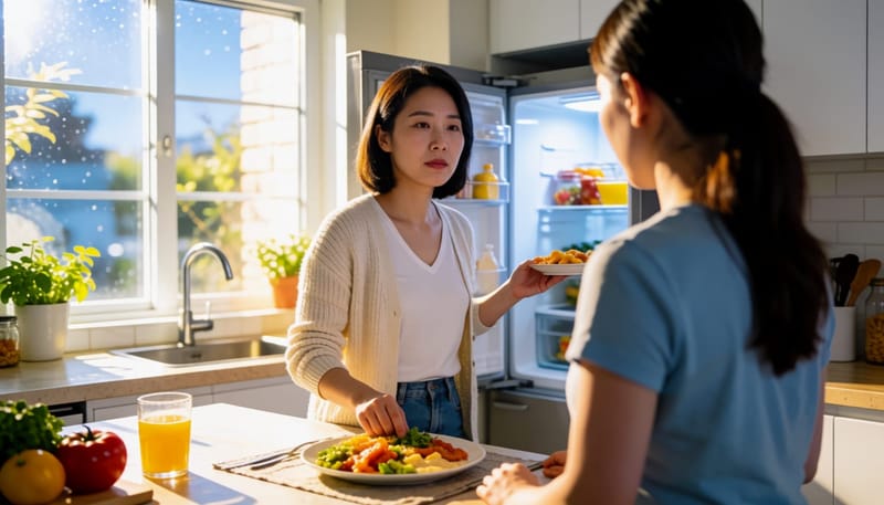 한밤중 부엌에서 음식을 앞에 두고 망설이는 여성