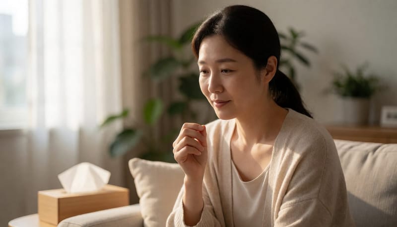 여성이 집 소파에서 한쪽 코를 막고 숨을 쉬며 코막힘을 확인하는 모습