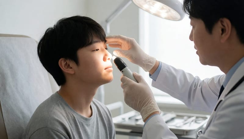 의사가 조명 도구로 청소년 환자의 코 안쪽을 살펴보고 있는 진료 장면