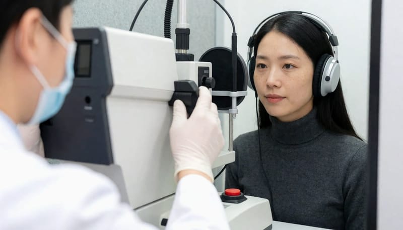 방음부스 안에서 진행되는 순음청력검사의 모습
