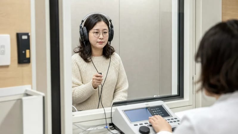 방음부스에서 헤드폰을 착용하고 순음청력검사를 받는 모습