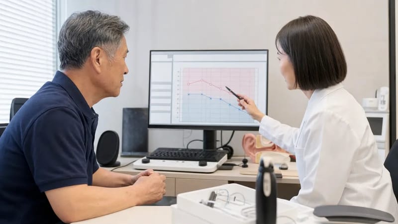 오디오그램 결과지를 보며 상담을 진행하는 모습