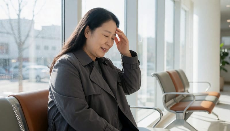 체위 변화 후 짧게 어지럼을 느끼며 잠시 앉아 쉬는 모습
