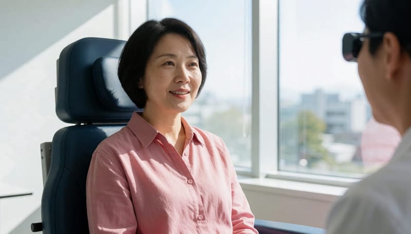 비디오안진검사(VNG)를 위해 특수 안경을 착용하고 검사 의자에 앉은 모습