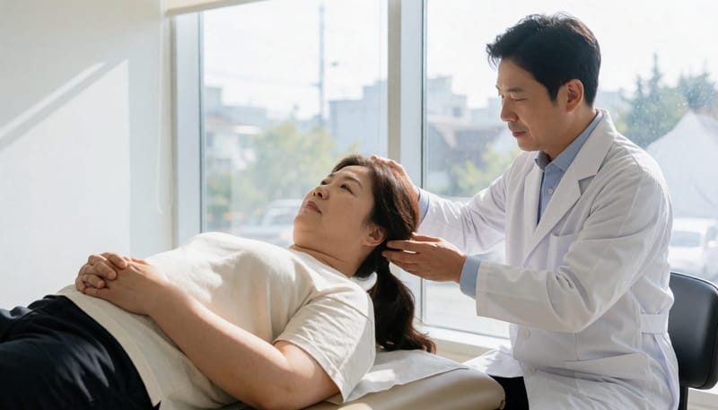 자세변환검사(딕스-홀파이크 검사)로 이석증 여부를 확인하는 모습