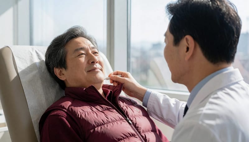 자세를 바꿔 유발되는 안진을 확인하는 전정기능검사 장면입니다