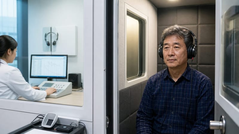 방음부스에서 헤드폰을 착용하고 순음청력검사를 받는 모습