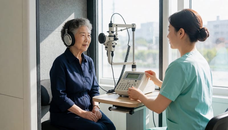 순음청력검사는 방음부스에서 여러 주파수의 소리를 들려주며 반응을 확인하는 방식으로 15~20분 정도 걸립니다.