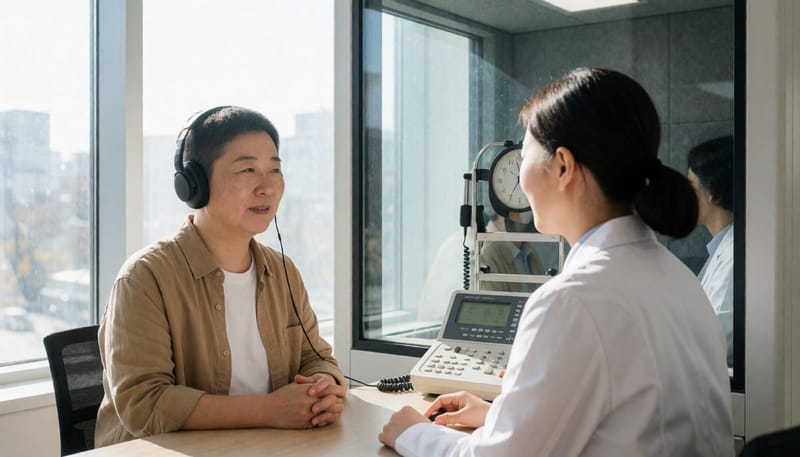 방음 부스에서 순음청력검사를 진행하는 모습입니다.